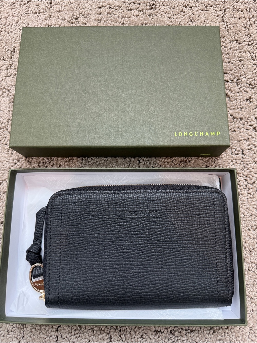 Longchamp Black Pebbled Leather Zip Card Wallet